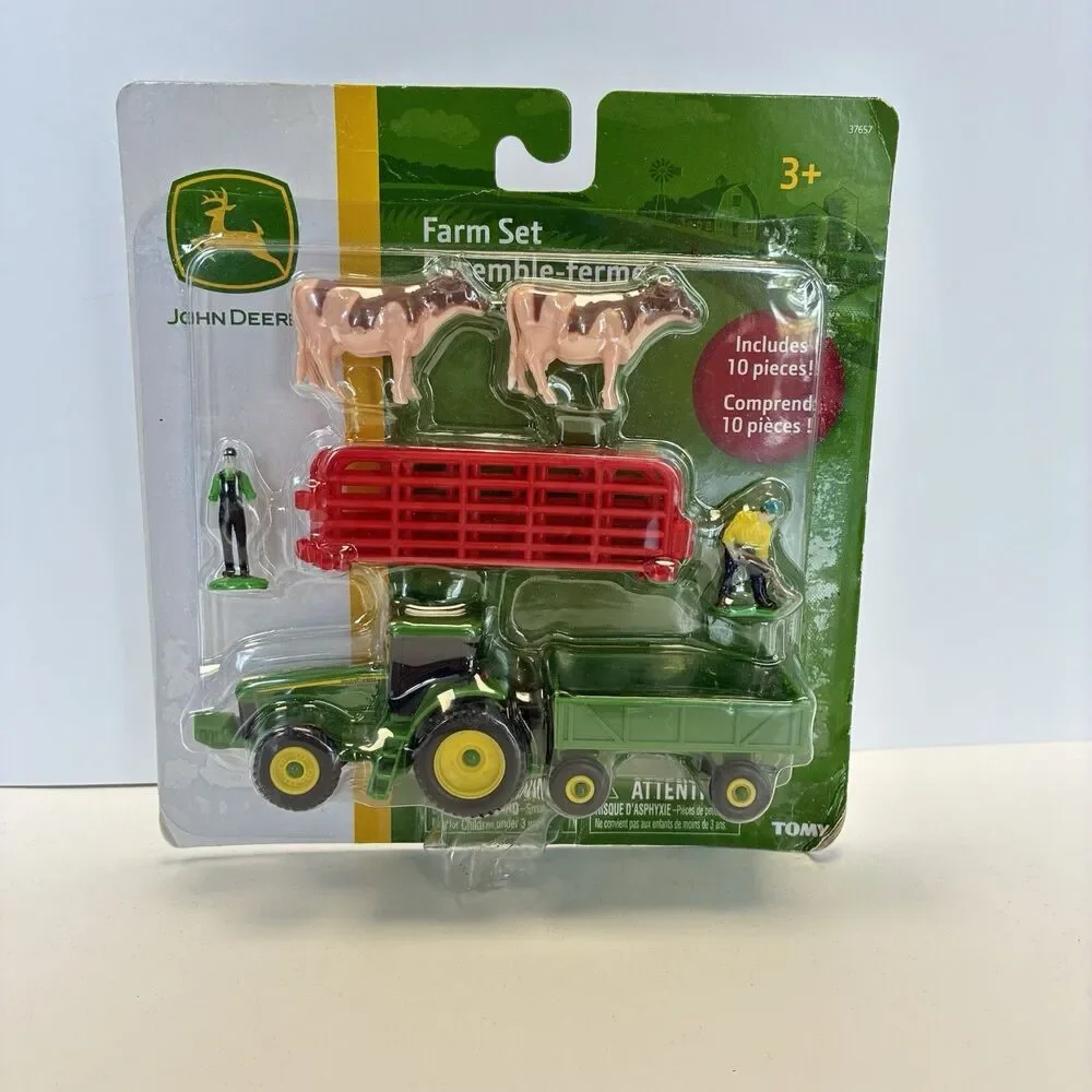 TOMY John Deere Farm Set 10 Piece Tractor Trailer Fence People Cows 2018